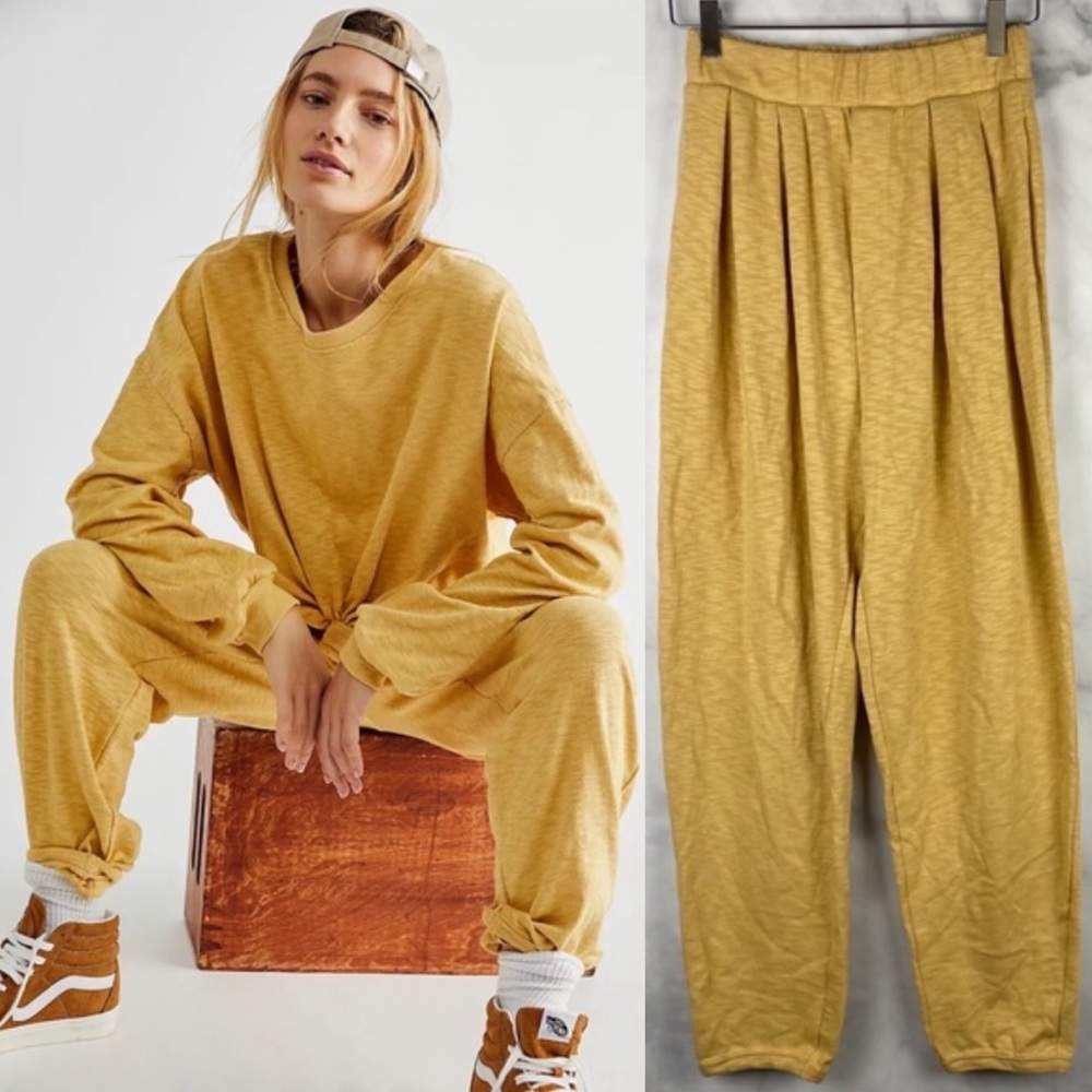 Free People Beach "Culver City" High-Rise Pleated Slouchy Knit Pants Mustard S